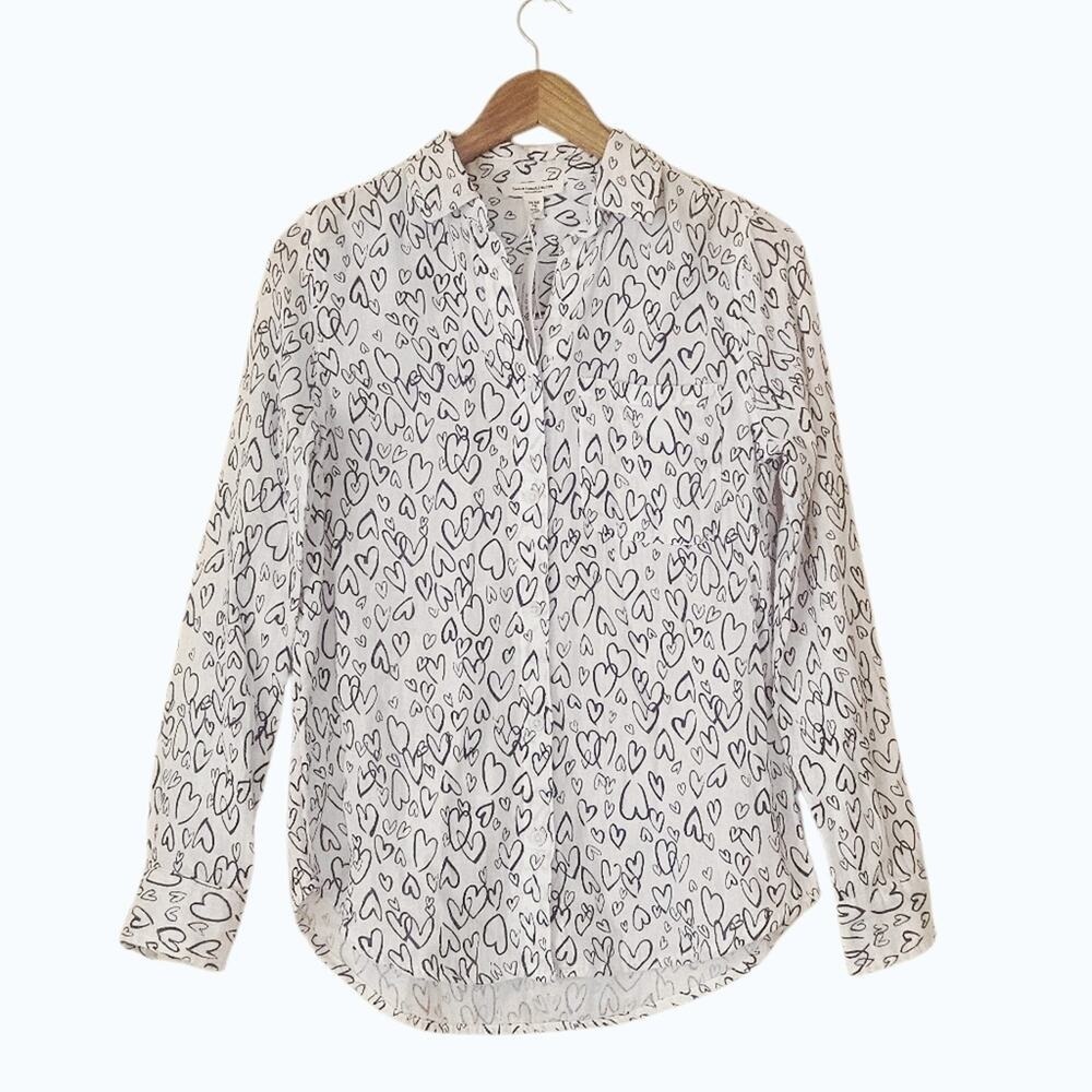 Beachlunchlounge Alessia Heart Print Button Down Shirt White Black V Day XS NWT